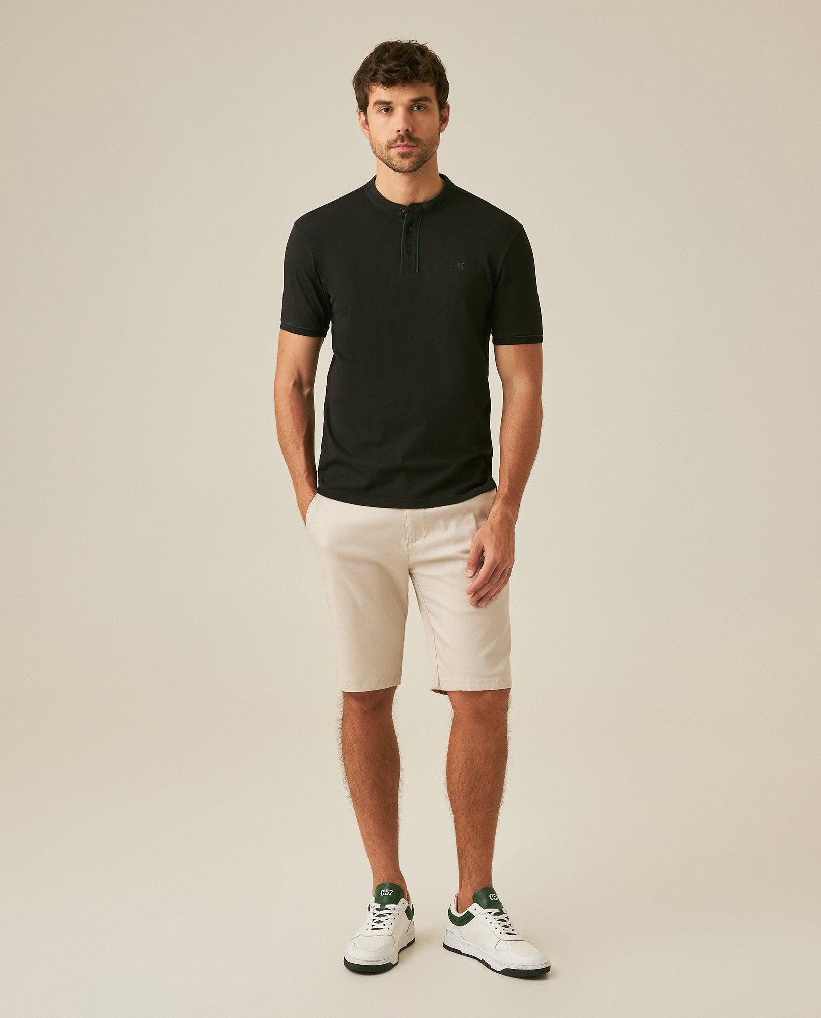 Mens Polo Shirt Slim Fit Mandarin Collar Short Sleeve Piqué Cotton Elastane Contrast Bias Details - Black 63_601H027_NEG194007_4