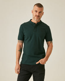 Mens Polo Shirt Slim Fit Mandarin Collar Short Sleeve Piqué Cotton Elastane Contrast Bias Details - Dark Green 63_601H027_VER195406_0