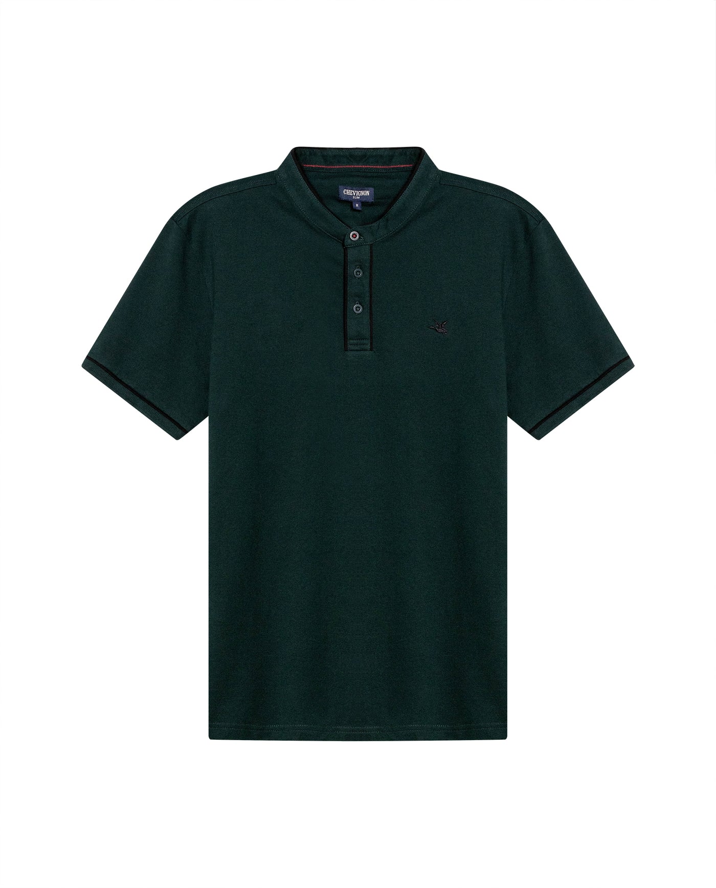 Mens Polo Shirt Slim Fit Mandarin Collar Short Sleeve Piqué Cotton Elastane Contrast Bias Details - Dark Green 63_601H027_VER195406_3