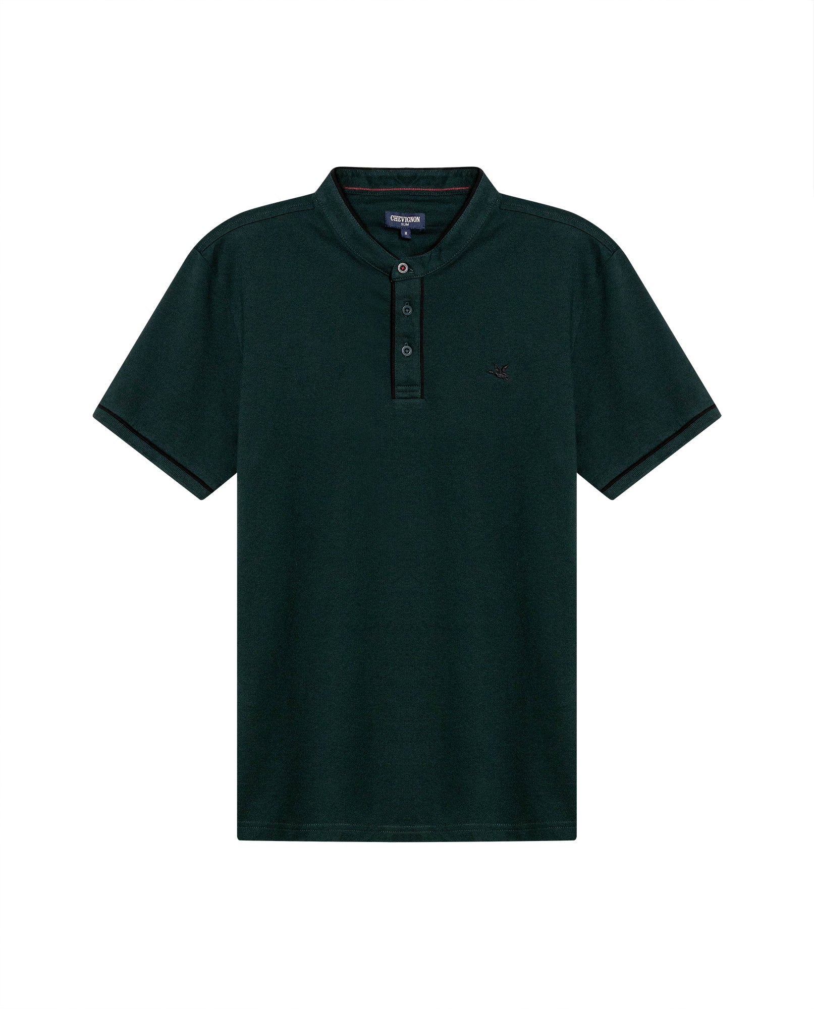 Mens Polo Shirt Slim Fit Mandarin Collar Short Sleeve Piqué Cotton Elastane Contrast Bias Details - Dark Green 63_601H027_VER195406_3