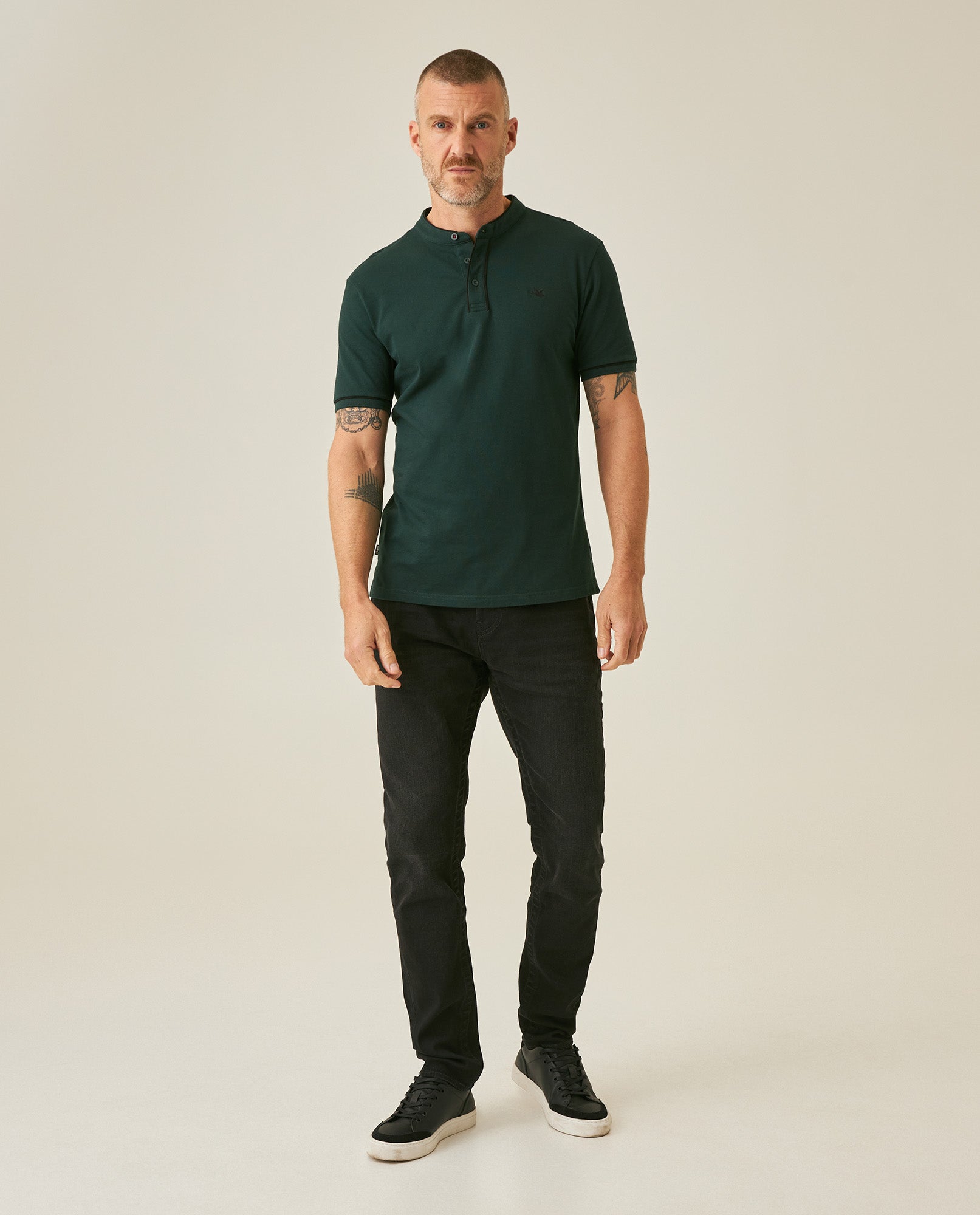Mens Polo Shirt Slim Fit Mandarin Collar Short Sleeve Piqué Cotton Elastane Contrast Bias Details - Dark Green 63_601H027_VER195406_4