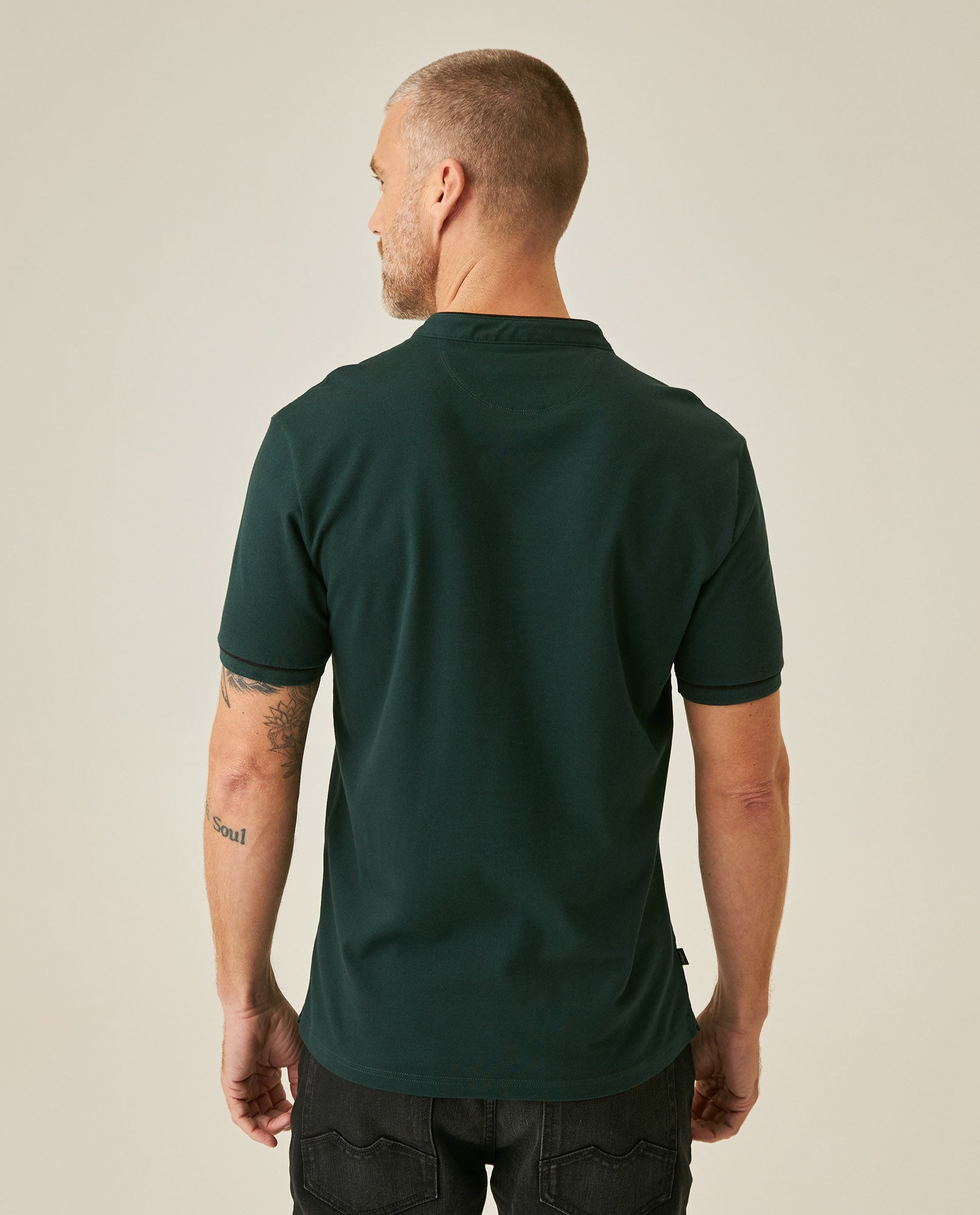 Mens Polo Shirt Slim Fit Mandarin Collar Short Sleeve Piqué Cotton Elastane Contrast Bias Details - Dark Green 63_601H027_VER195406_6