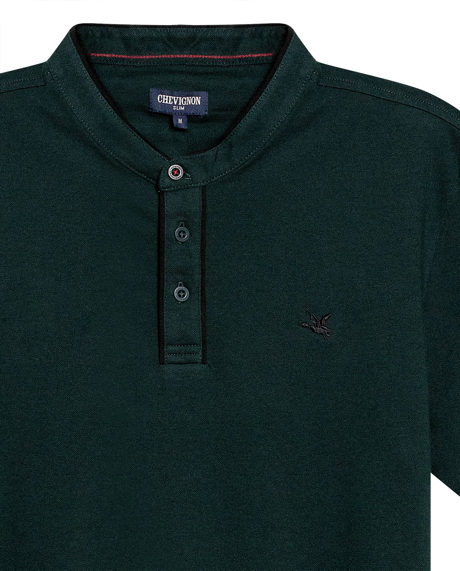 Mens Polo Shirt Slim Fit Mandarin Collar Short Sleeve Piqué Cotton Elastane Contrast Bias Details - Dark Green 63_601H027_VER195406_8