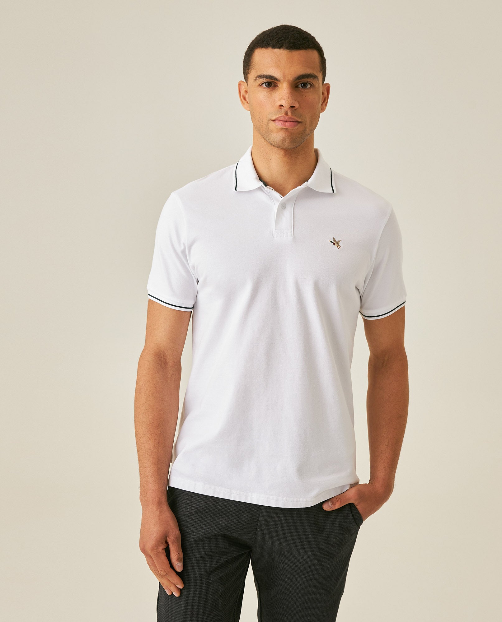 Mens Polo Shirt Classic Fit Short Sleeve Piqué Cotton Elastane Multiple Contrast Details Vibrant Duck - White 63_601H028_BLA110601_0