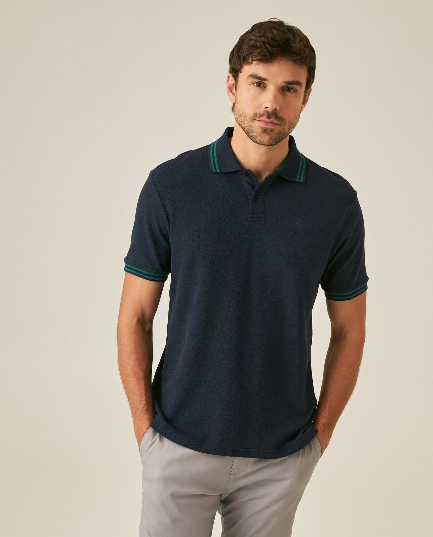 Mens Polo Shirt Slim Fit Short Sleeve Textured Cotton Knit Simulation Contrast Stripe Collar Cuffs - Blue 63_601H029_AZU193924_0
