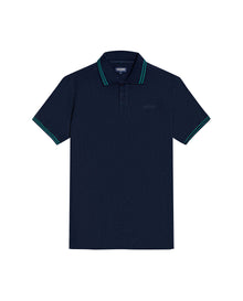 Mens Polo Shirt Slim Fit Short Sleeve Textured Cotton Knit Simulation Contrast Stripe Collar Cuffs - Blue 63_601H029_AZU193924_3