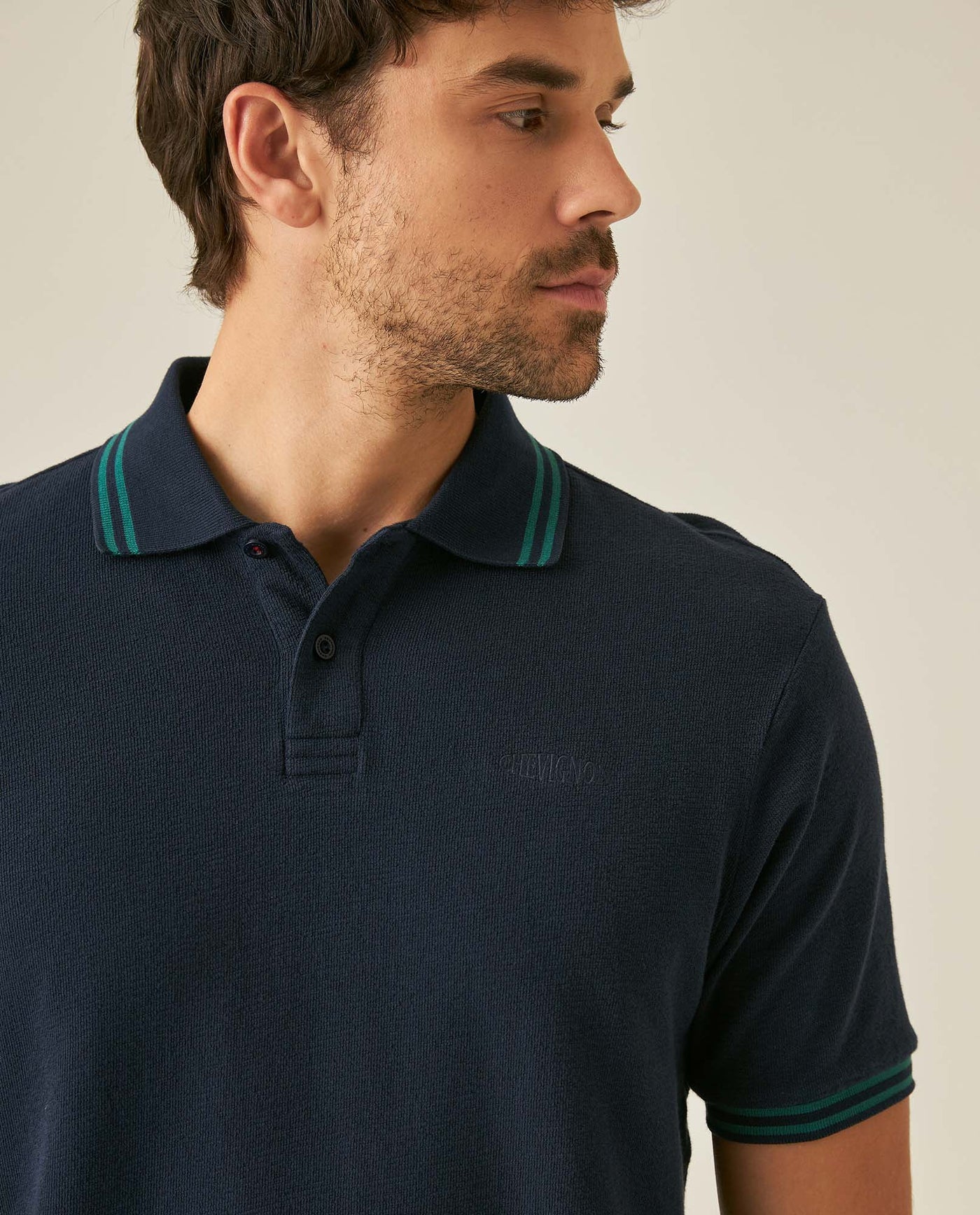 Mens Polo Shirt Slim Fit Short Sleeve Textured Cotton Knit Simulation Contrast Stripe Collar Cuffs - Blue 63_601H029_AZU193924_5