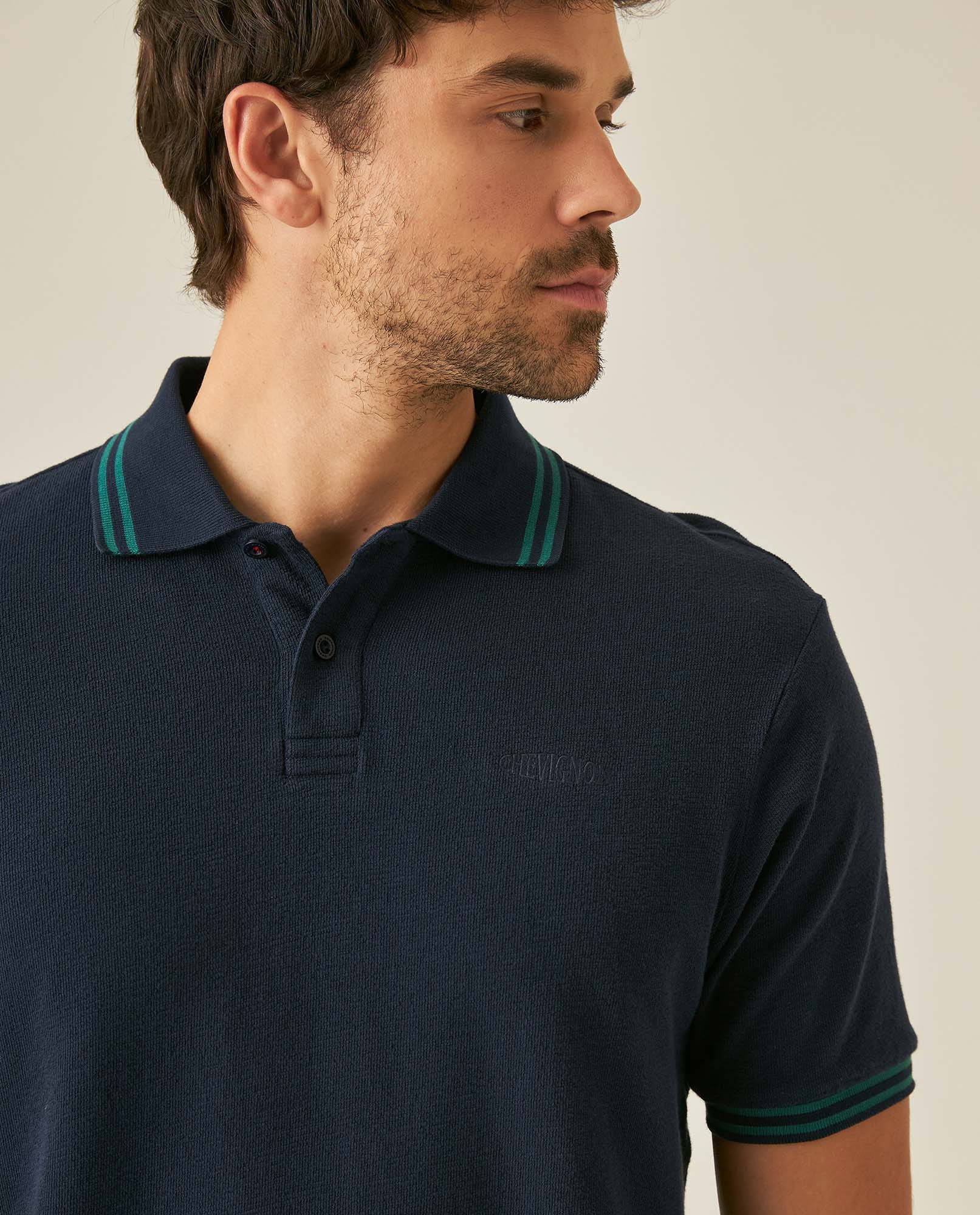 Mens Polo Shirt Slim Fit Short Sleeve Textured Cotton Knit Simulation Contrast Stripe Collar Cuffs - Blue 63_601H029_AZU193924_5