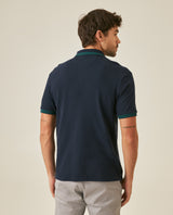 Mens Polo Shirt Slim Fit Short Sleeve Textured Cotton Knit Simulation Contrast Stripe Collar Cuffs - Blue 63_601H029_AZU193924_6