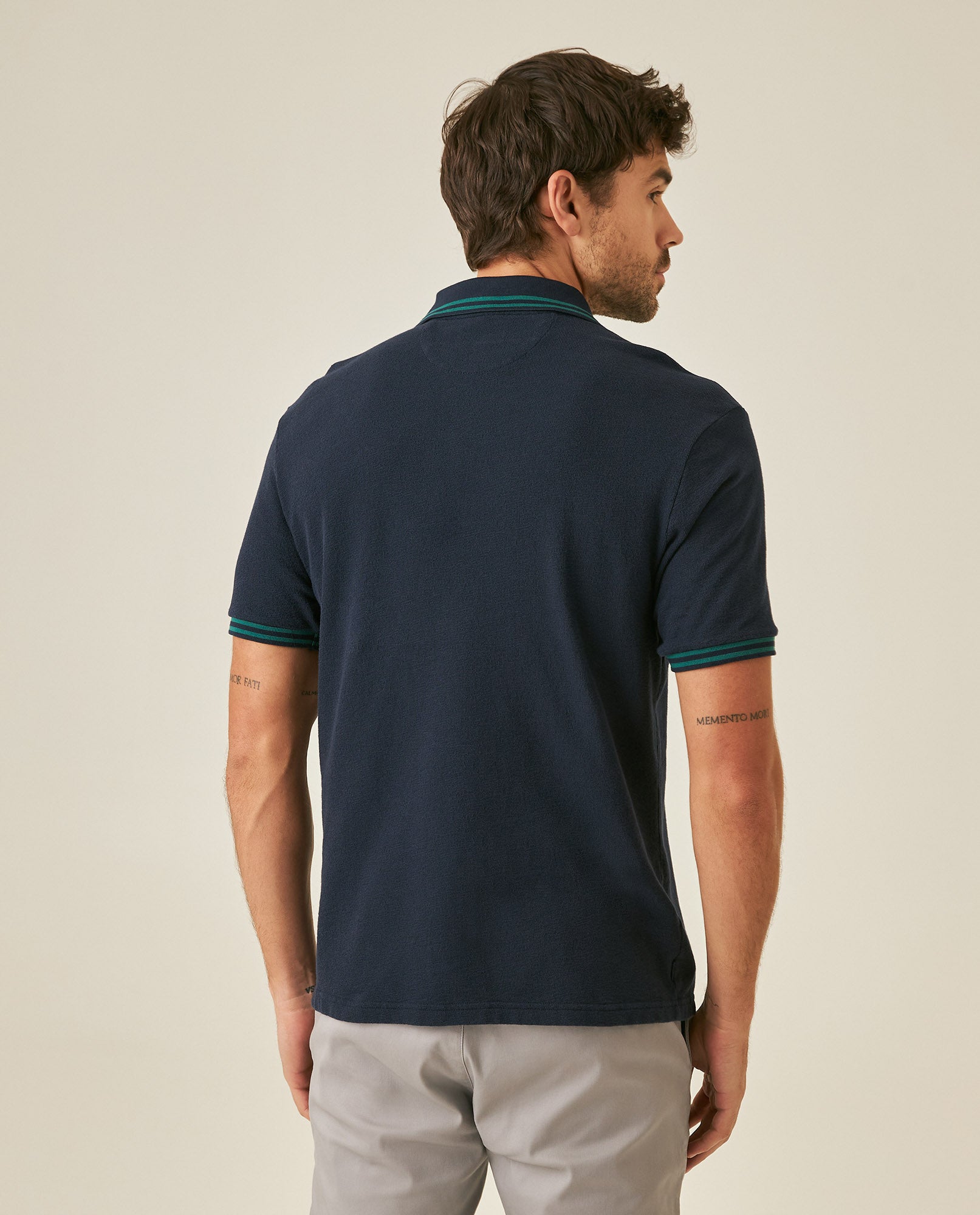 Mens Polo Shirt Slim Fit Short Sleeve Textured Cotton Knit Simulation Contrast Stripe Collar Cuffs - Blue 63_601H029_AZU193924_6