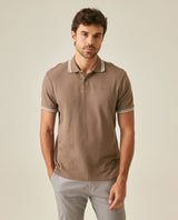 Mens Polo Shirt Slim Fit Short Sleeve Textured Cotton Knit Simulation Contrast Stripe Collar Cuffs - Brown 63_601H029_CAF190840_0