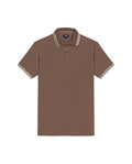 Mens Polo Shirt Slim Fit Short Sleeve Textured Cotton Knit Simulation Contrast Stripe Collar Cuffs - Brown 63_601H029_CAF190840_3