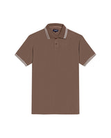 Mens Polo Shirt Slim Fit Short Sleeve Textured Cotton Knit Simulation Contrast Stripe Collar Cuffs - Brown 63_601H029_CAF190840_3