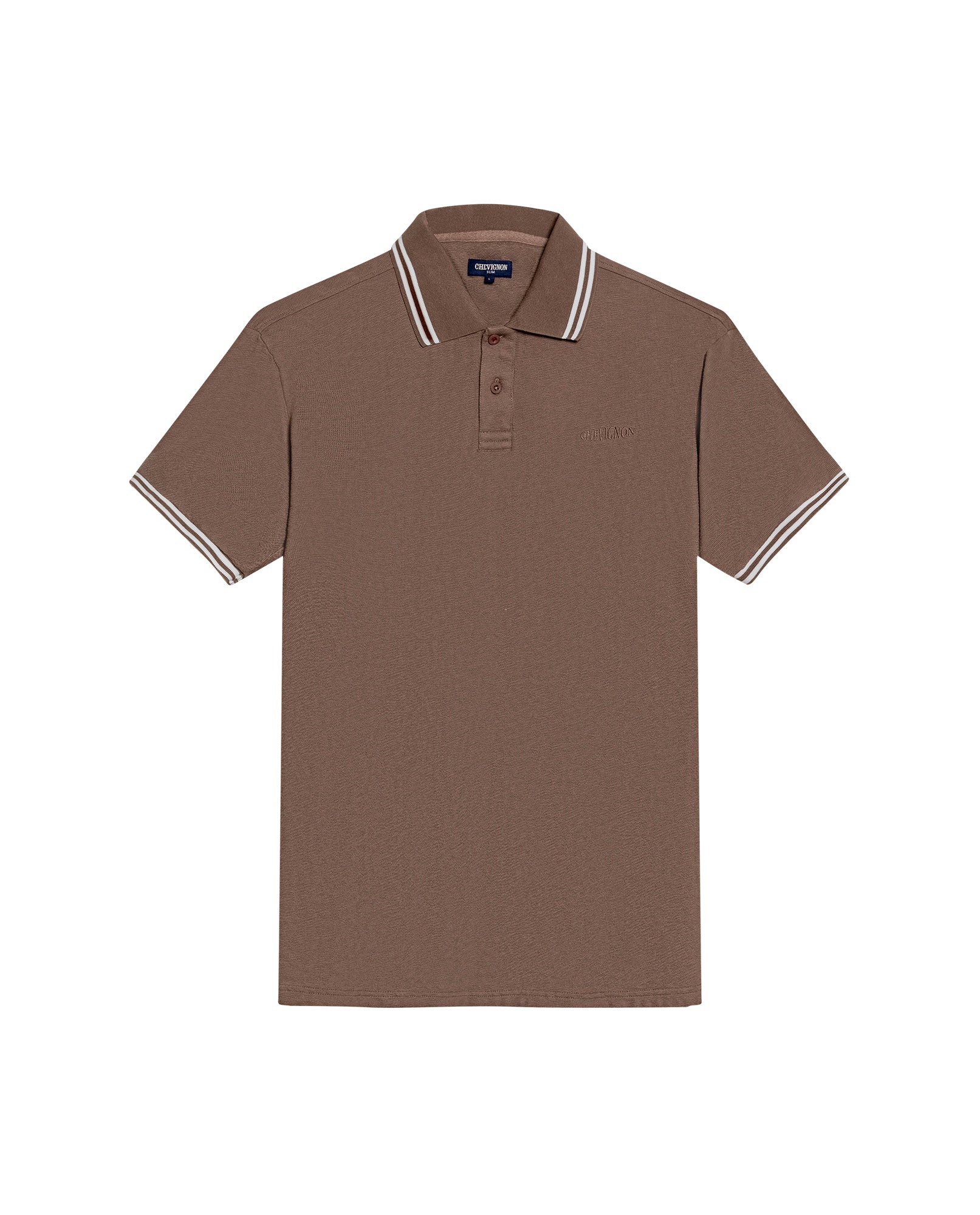 Mens Polo Shirt Slim Fit Short Sleeve Textured Cotton Knit Simulation Contrast Stripe Collar Cuffs - Brown 63_601H029_CAF190840_3