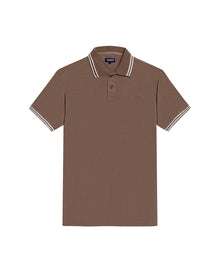 Mens Polo Shirt Slim Fit Short Sleeve Textured Cotton Knit Simulation Contrast Stripe Collar Cuffs - Brown 63_601H029_CAF190840_3