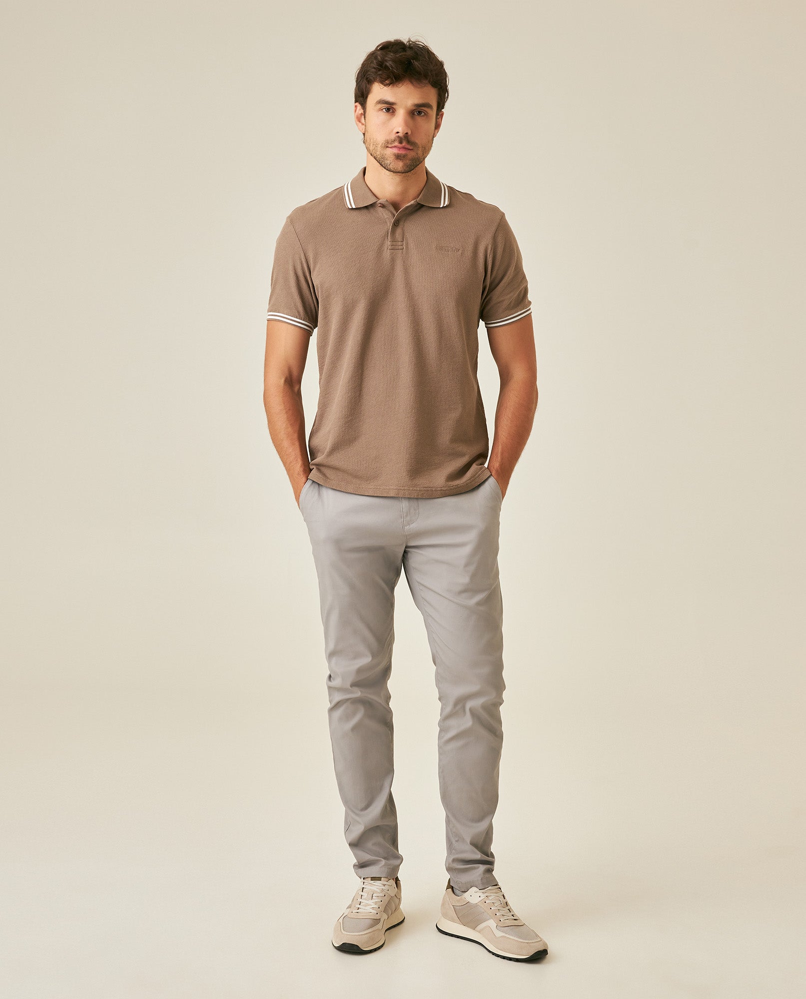 Mens Polo Shirt Slim Fit Short Sleeve Textured Cotton Knit Simulation Contrast Stripe Collar Cuffs - Brown 63_601H029_CAF190840_4