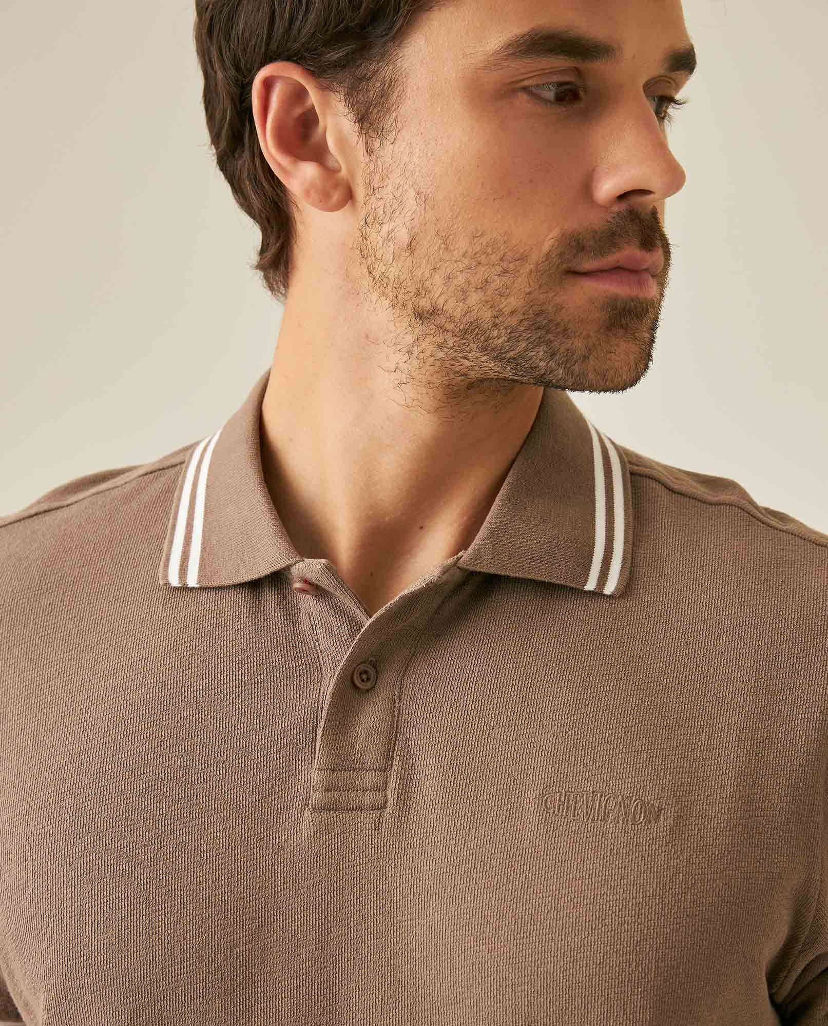 Mens Polo Shirt Slim Fit Short Sleeve Textured Cotton Knit Simulation Contrast Stripe Collar Cuffs - Brown 63_601H029_CAF190840_5