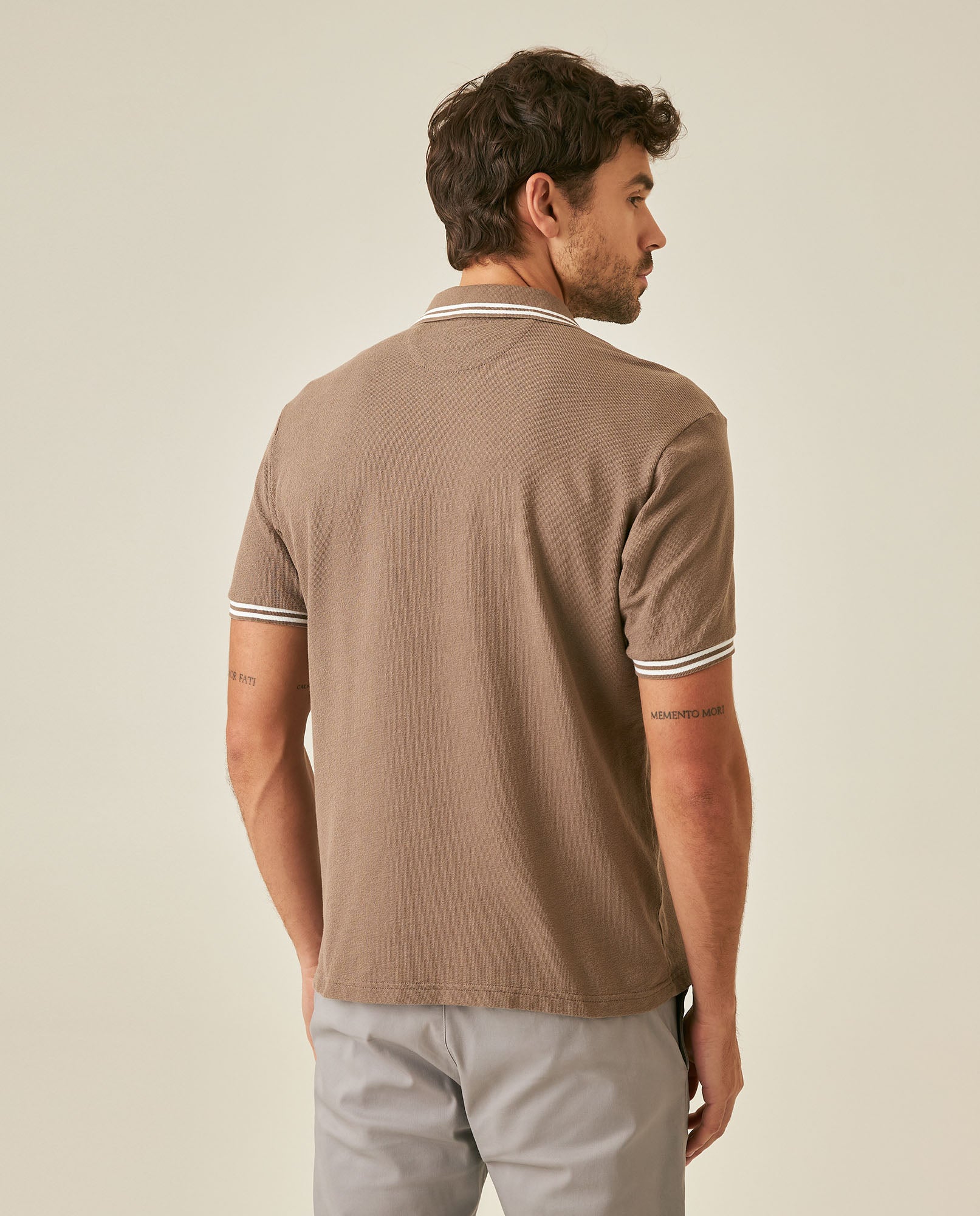 Mens Polo Shirt Slim Fit Short Sleeve Textured Cotton Knit Simulation Contrast Stripe Collar Cuffs - Brown 63_601H029_CAF190840_6