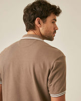 Mens Polo Shirt Slim Fit Short Sleeve Textured Cotton Knit Simulation Contrast Stripe Collar Cuffs - Brown 63_601H029_CAF190840_7
