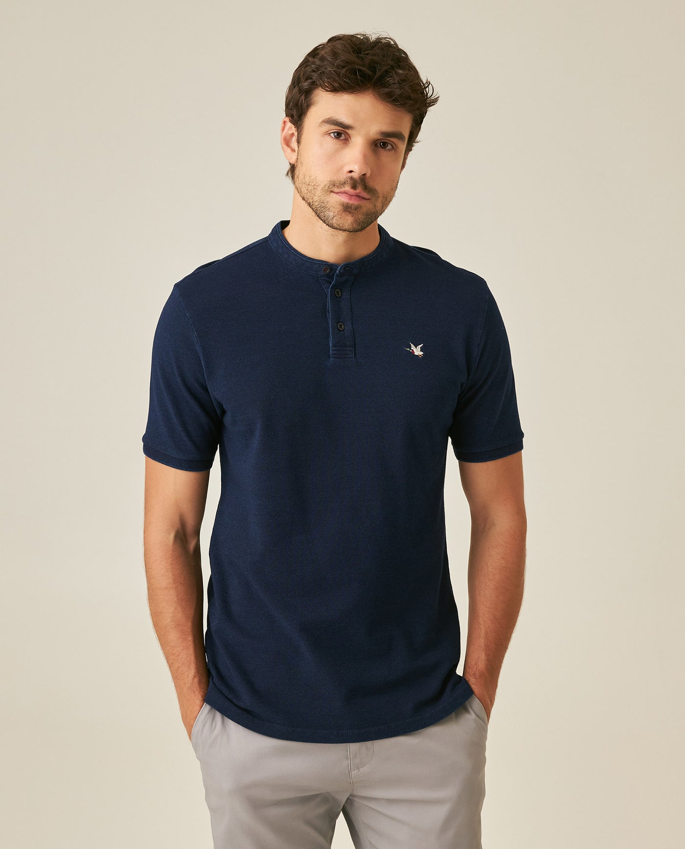 Mens Polo Shirt Slim Fit Mandarin Collar Short Sleeve Cotton Denim Yarns Embroidered Collar Vibrant Duck - Blue 63_601H031_AZU193924_0