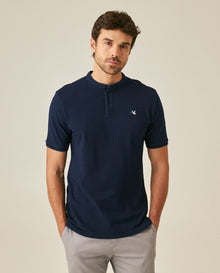 Mens Polo Shirt Slim Fit Mandarin Collar Short Sleeve Cotton Denim Yarns Embroidered Collar Vibrant Duck - Blue 63_601H031_AZU193924_0
