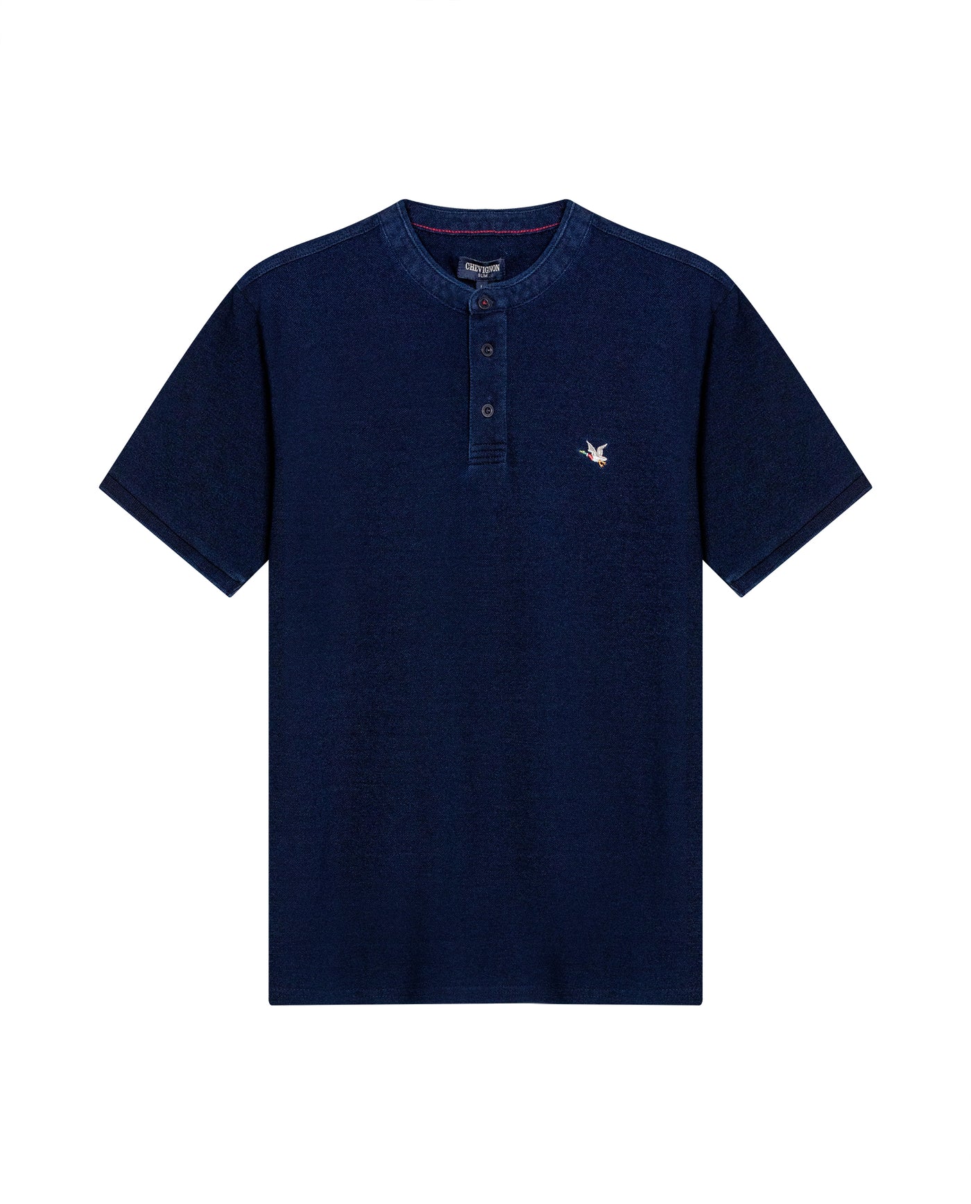 Mens Polo Shirt Slim Fit Mandarin Collar Short Sleeve Cotton Denim Yarns Embroidered Collar Vibrant Duck - Blue 63_601H031_AZU193924_3