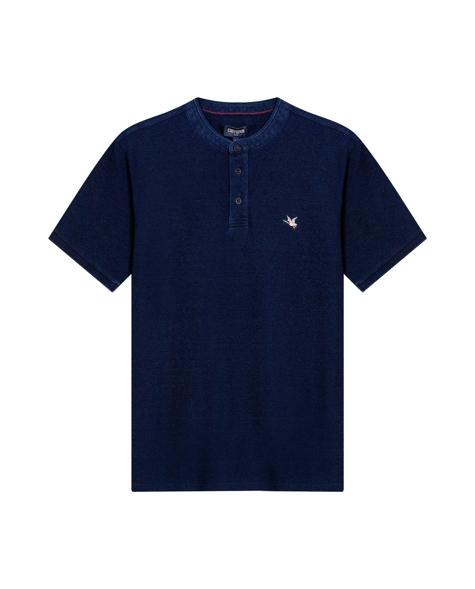 Mens Polo Shirt Slim Fit Mandarin Collar Short Sleeve Cotton Denim Yarns Embroidered Collar Vibrant Duck - Blue 63_601H031_AZU193924_3