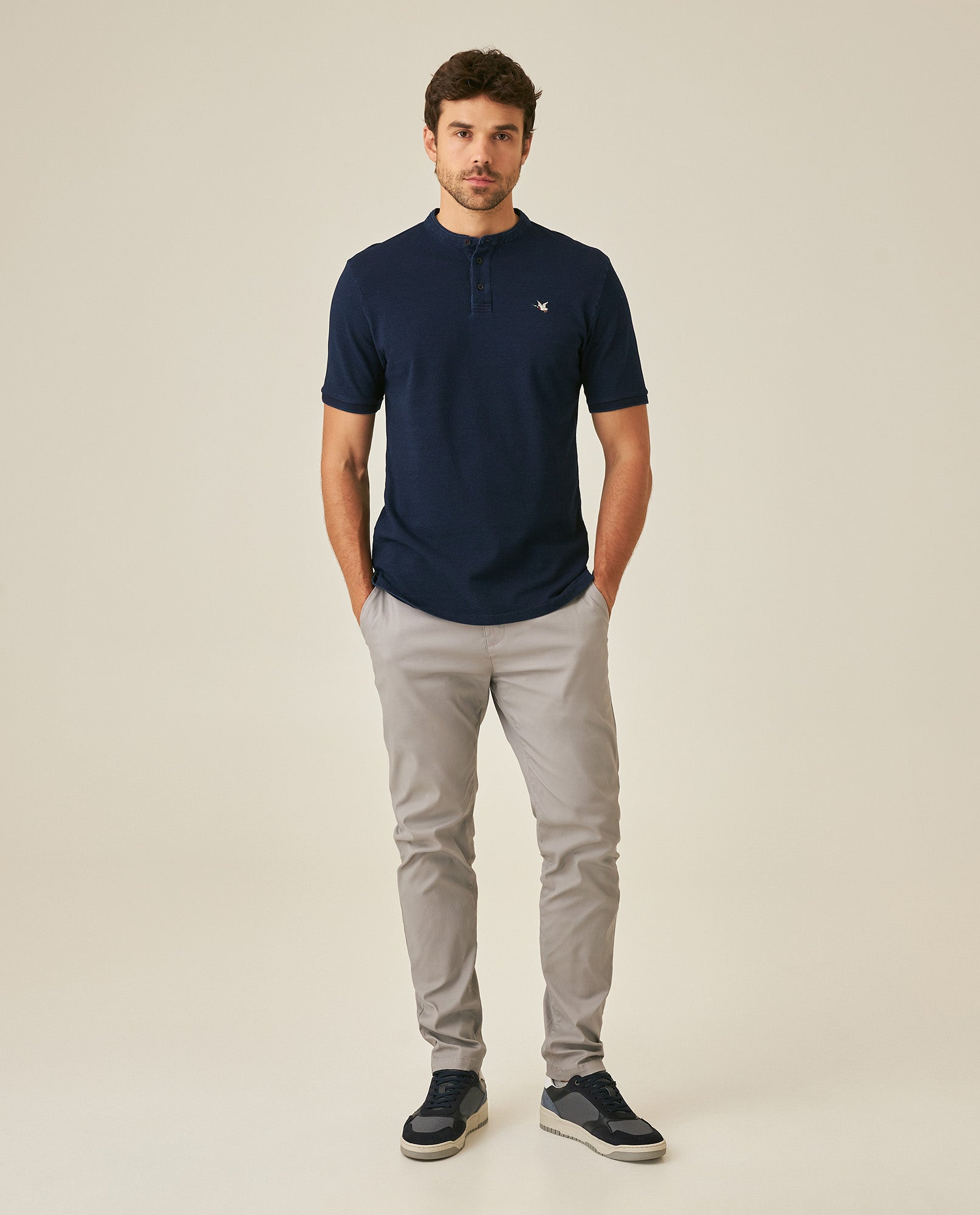 Mens Polo Shirt Slim Fit Mandarin Collar Short Sleeve Cotton Denim Yarns Embroidered Collar Vibrant Duck - Blue 63_601H031_AZU193924_4
