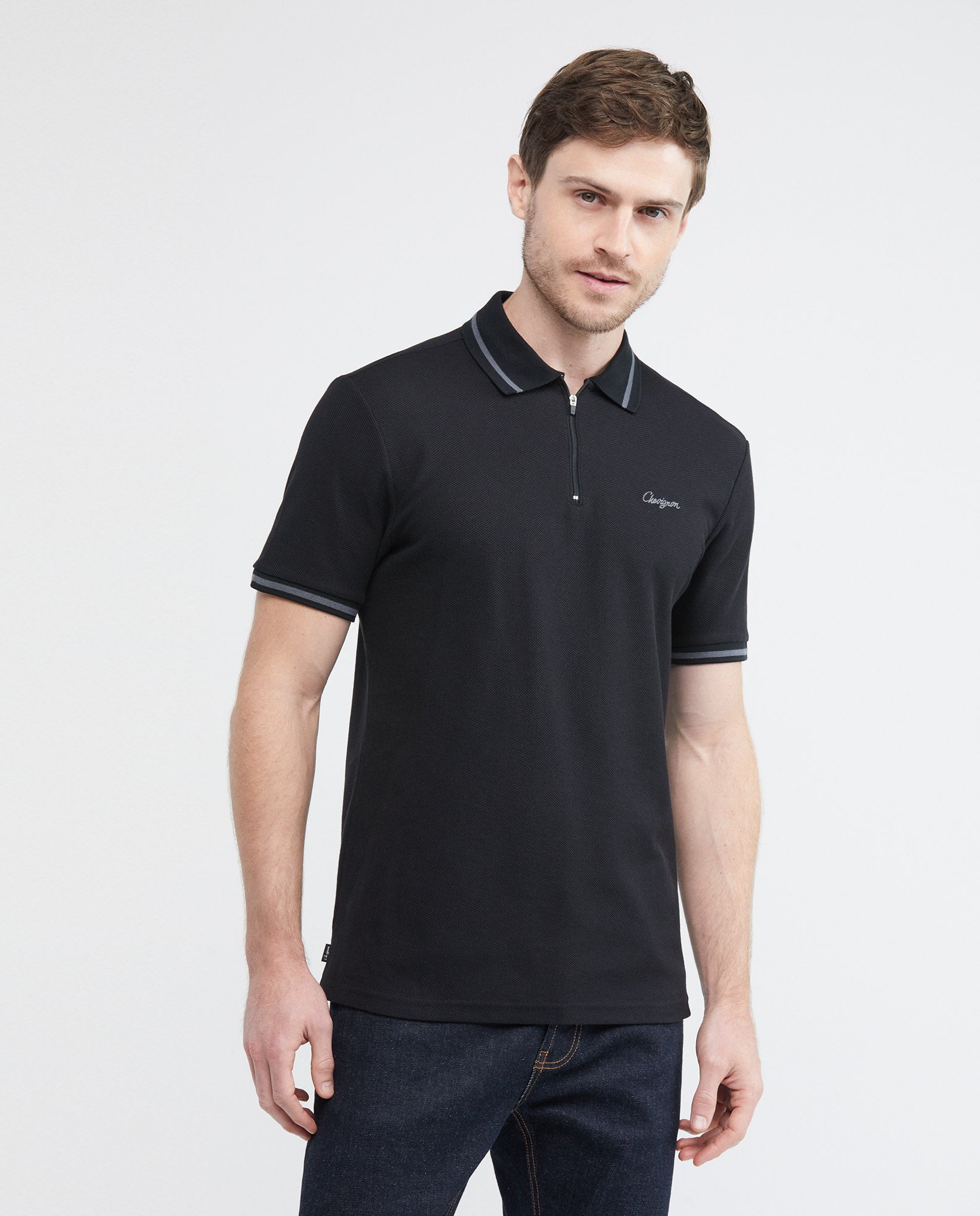 Men's Polo Shirt, Slim Fit Short Sleeve - Button Placket with Closure - Black - 3