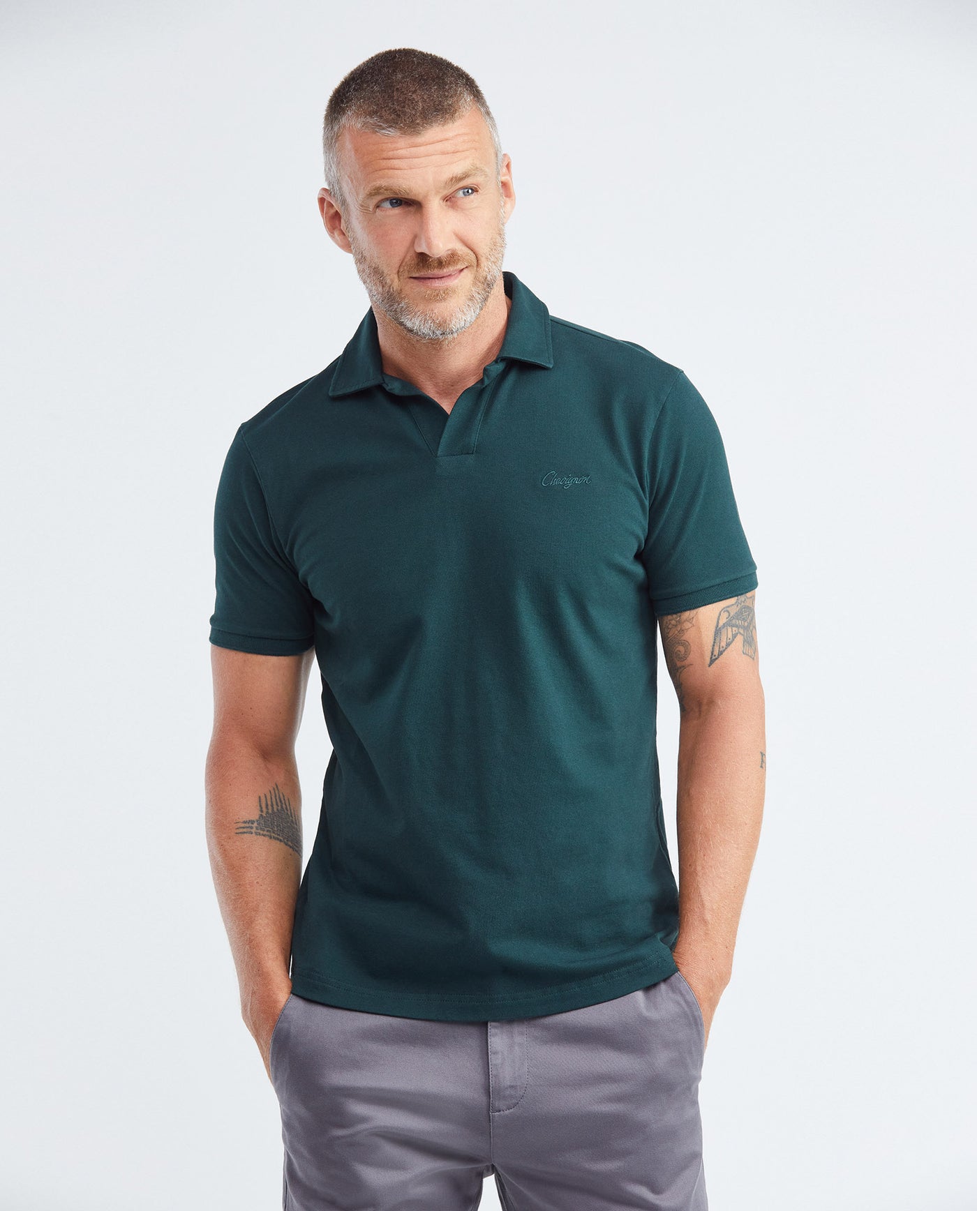 Men's Polo Shirt, Slim Fit Short Sleeve - Summer Type Main Fabric Collar V-Placket - Green 602F015 - 1