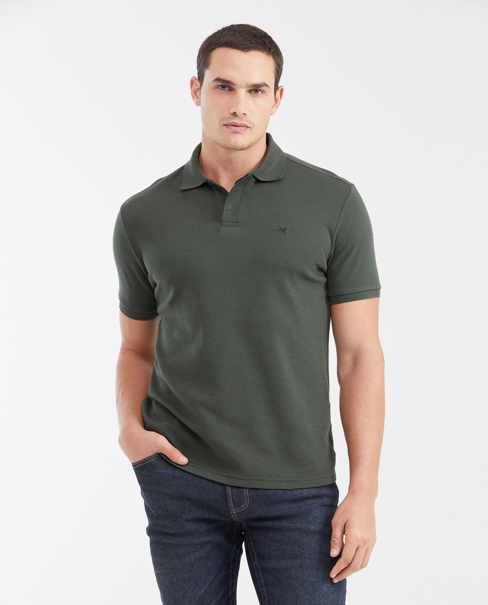 Slim Fit Polo Shirt with Waffle Texture and Hidden Buttons for Men - Green 602G010 - 1