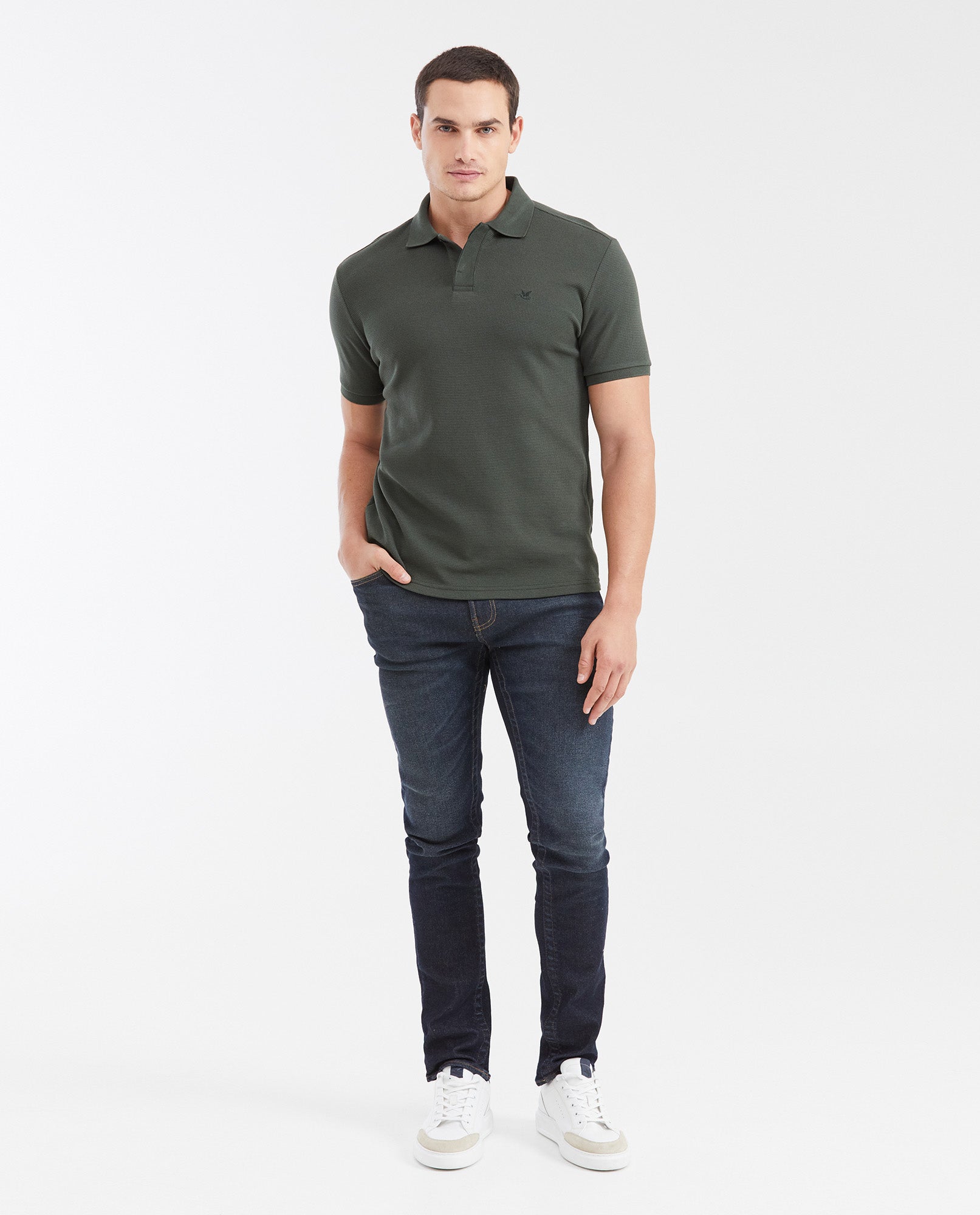 Slim Fit Polo Shirt with Waffle Texture and Hidden Buttons for Men - Green 602G010 - 2