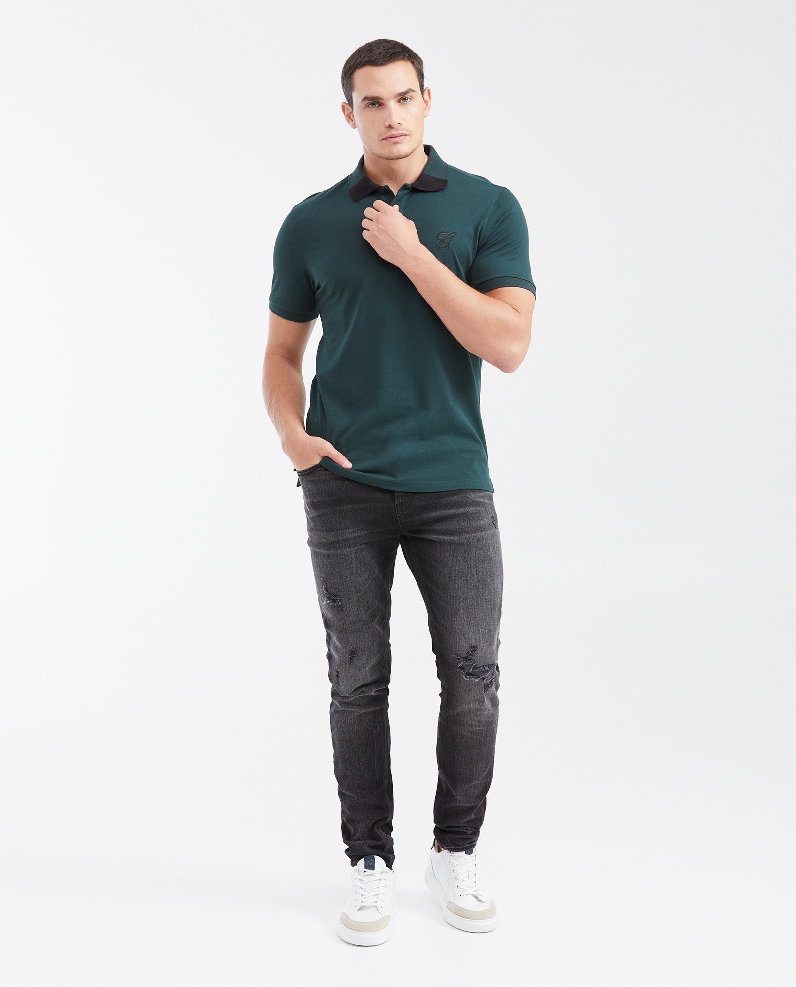 Men's Slim Fit Polo Shirt with Color Block Collar - Green 602G018 - 2