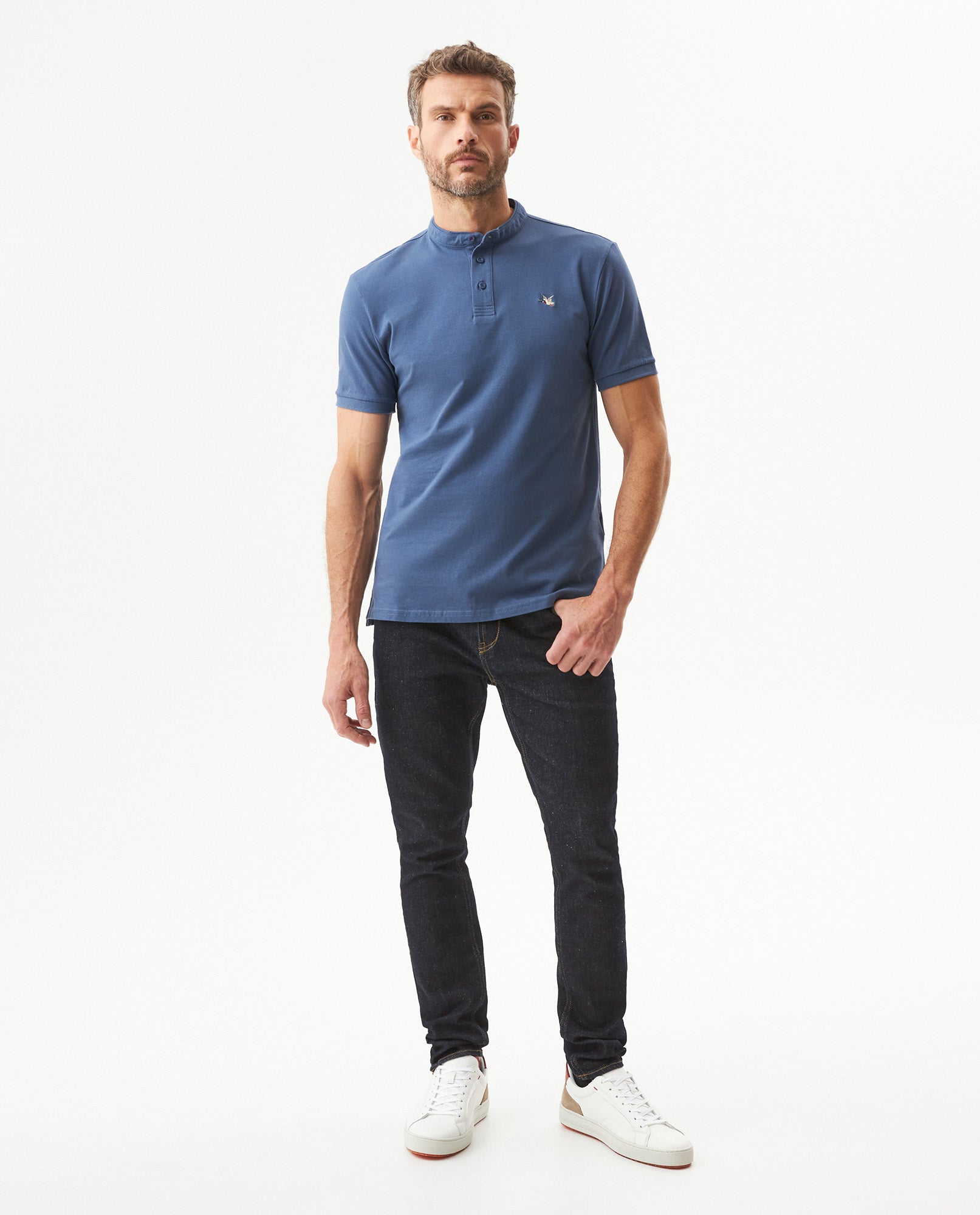 Men's Slim Fit Mandarin Collar Polo Shirt in Cotton Stretch Blend, Marine 609G002 - 3