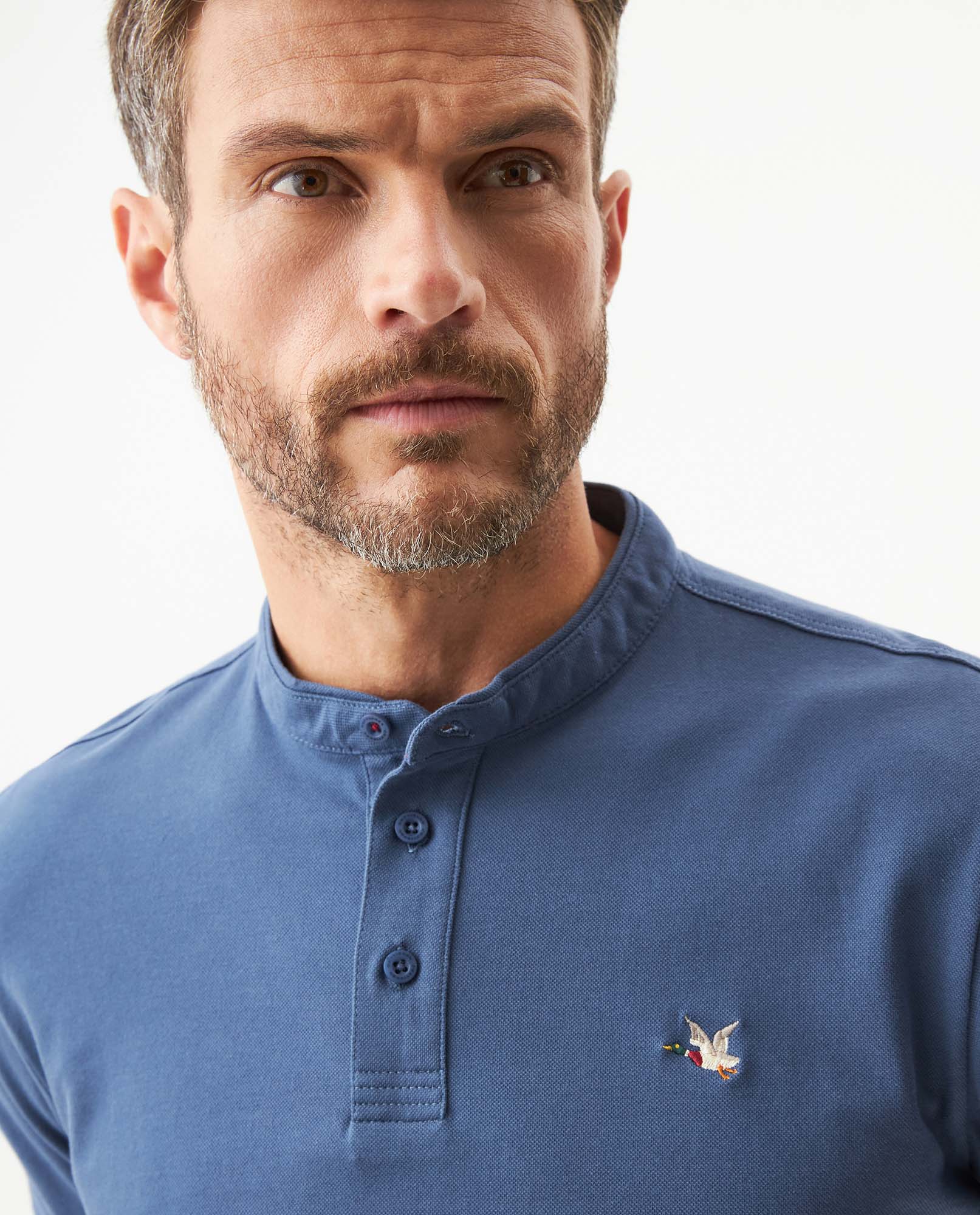 Men's Slim Fit Mandarin Collar Polo Shirt in Cotton Stretch Blend, Marine 609G002 - 4