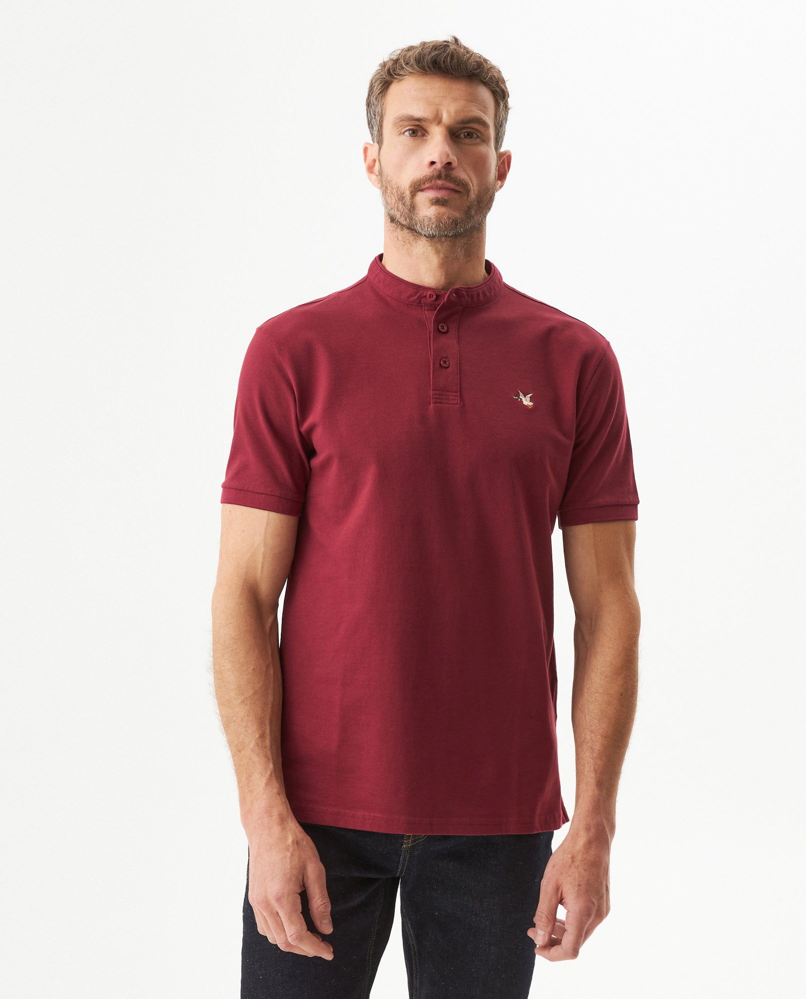 Men's Slim Fit Mandarin Collar Polo Shirt in Cotton Stretch Blend, Marine 609G002 - 1