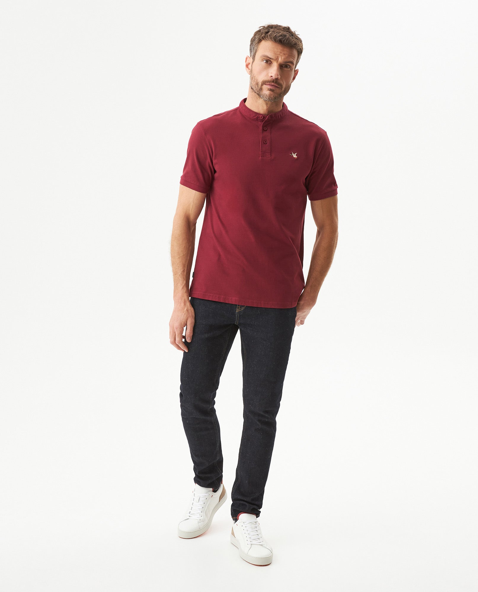 Men's Slim Fit Mandarin Collar Polo Shirt in Cotton Stretch Blend, Marine 609G002 - 3