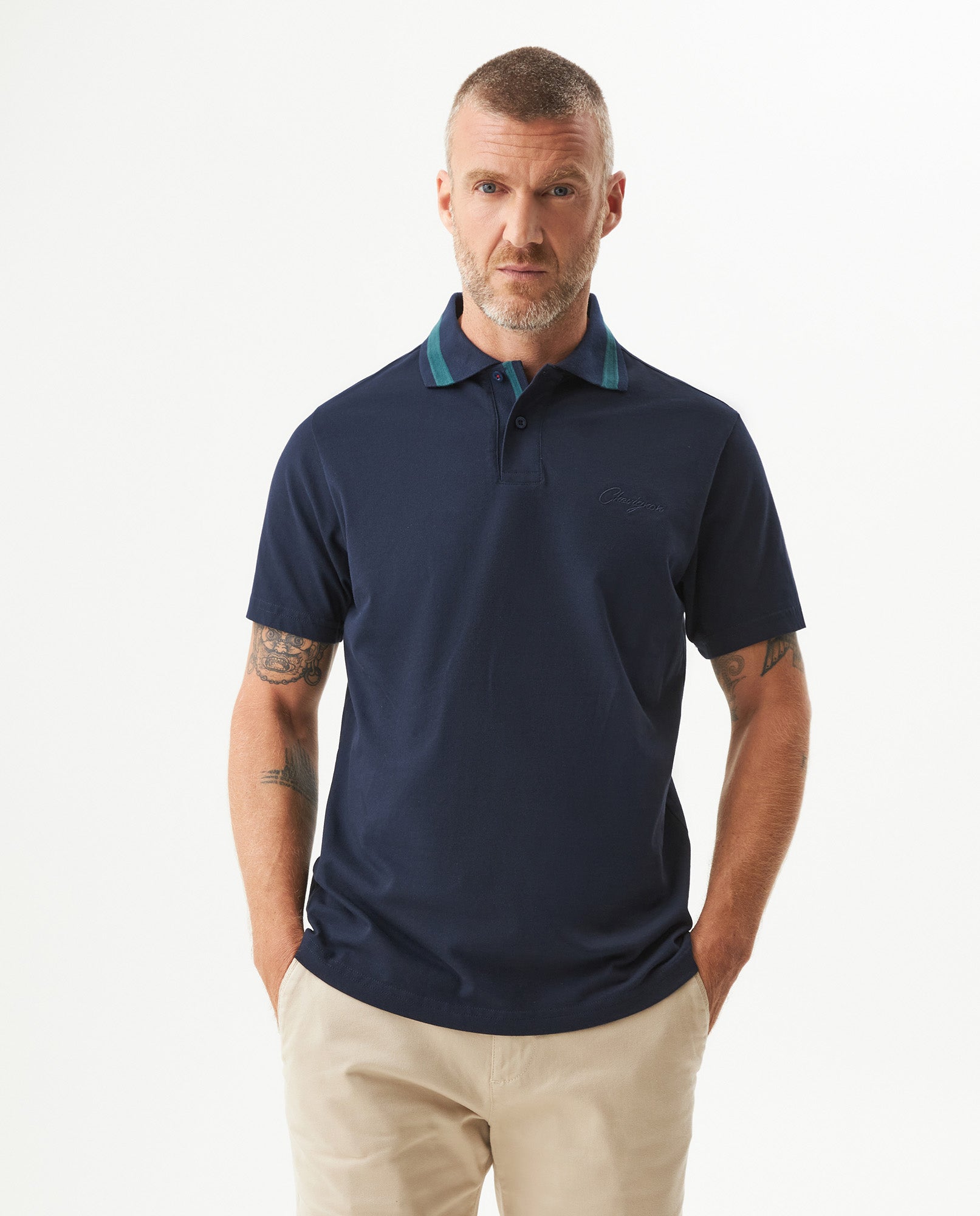 Men's Relaxed Fit Short Sleeve Polo Shirt in Cotton Stretch Blend, Nautical 609G009 - 1
