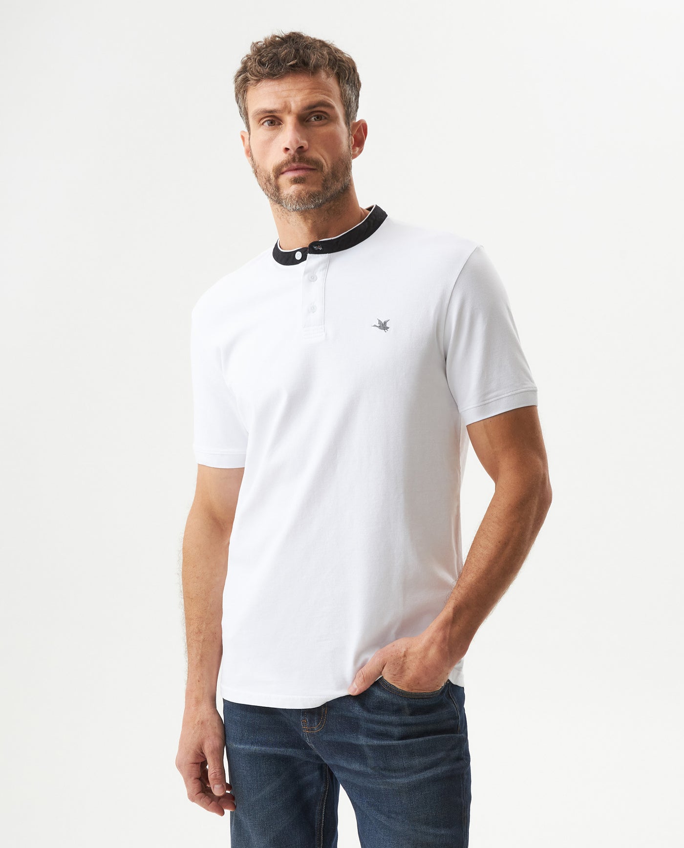 Men's Slim Fit Mandarin Collar Polo Shirt in Cotton Stretch Blend, Festive - 2