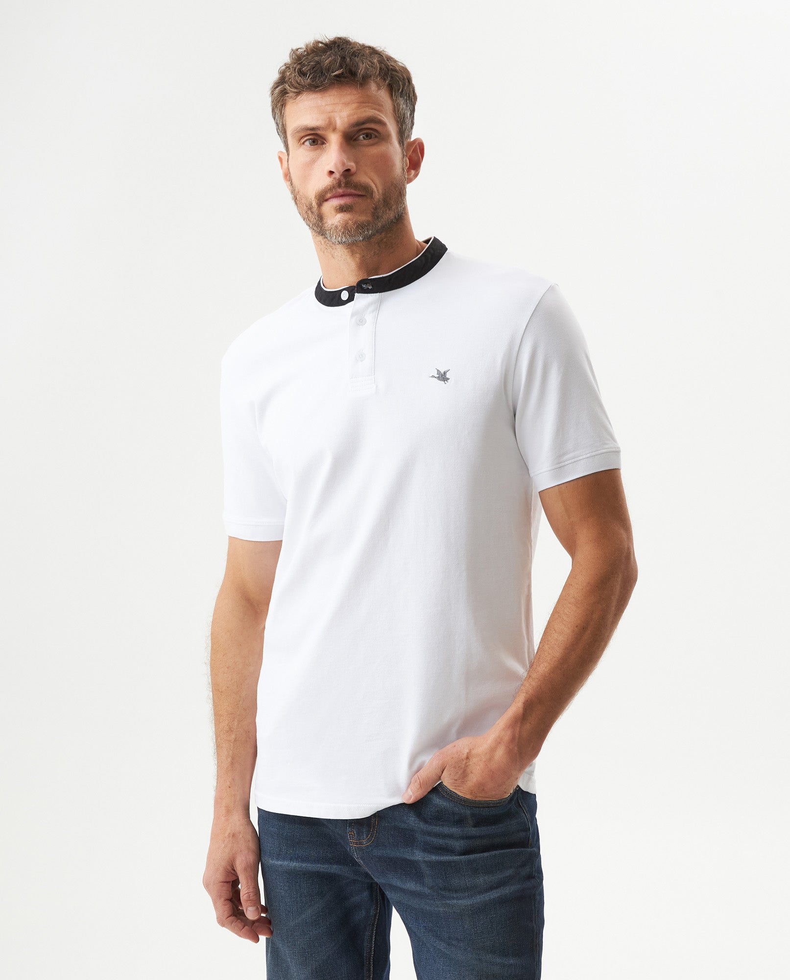 Men's Slim Fit Mandarin Collar Polo Shirt in Cotton Stretch Blend, Festive - 2
