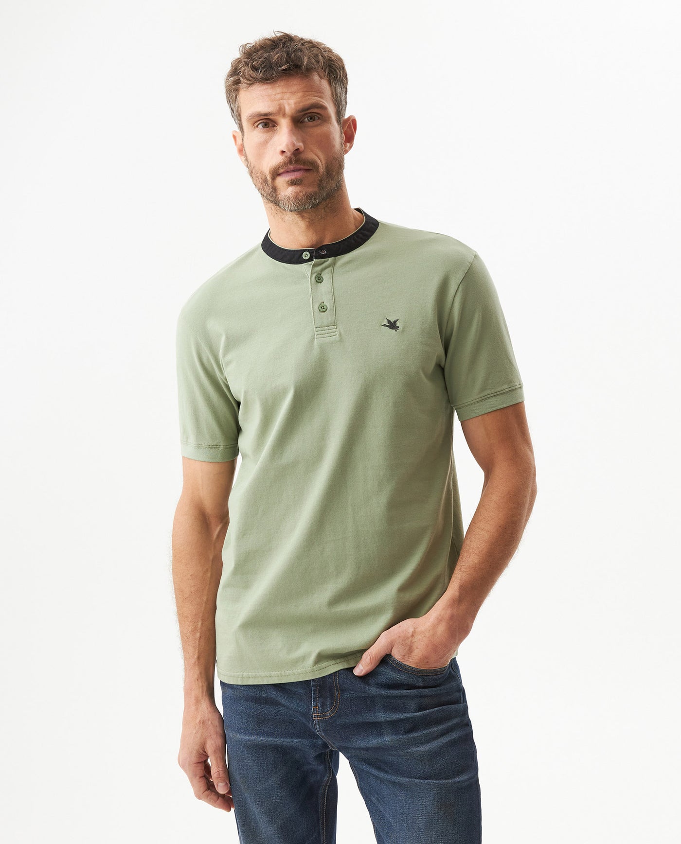 Men's Slim Fit Mandarin Collar Polo Shirt in Cotton Stretch Blend, Festive - 2