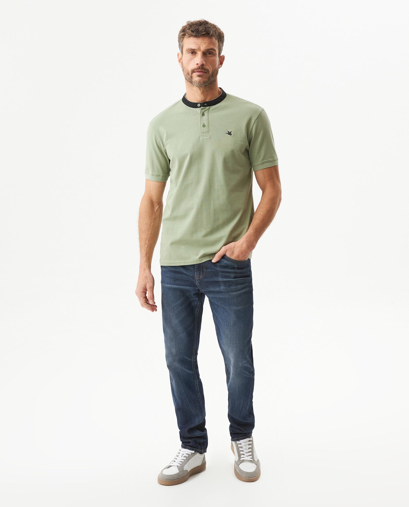 Men's Slim Fit Mandarin Collar Polo Shirt in Cotton Stretch Blend, Festive - 3