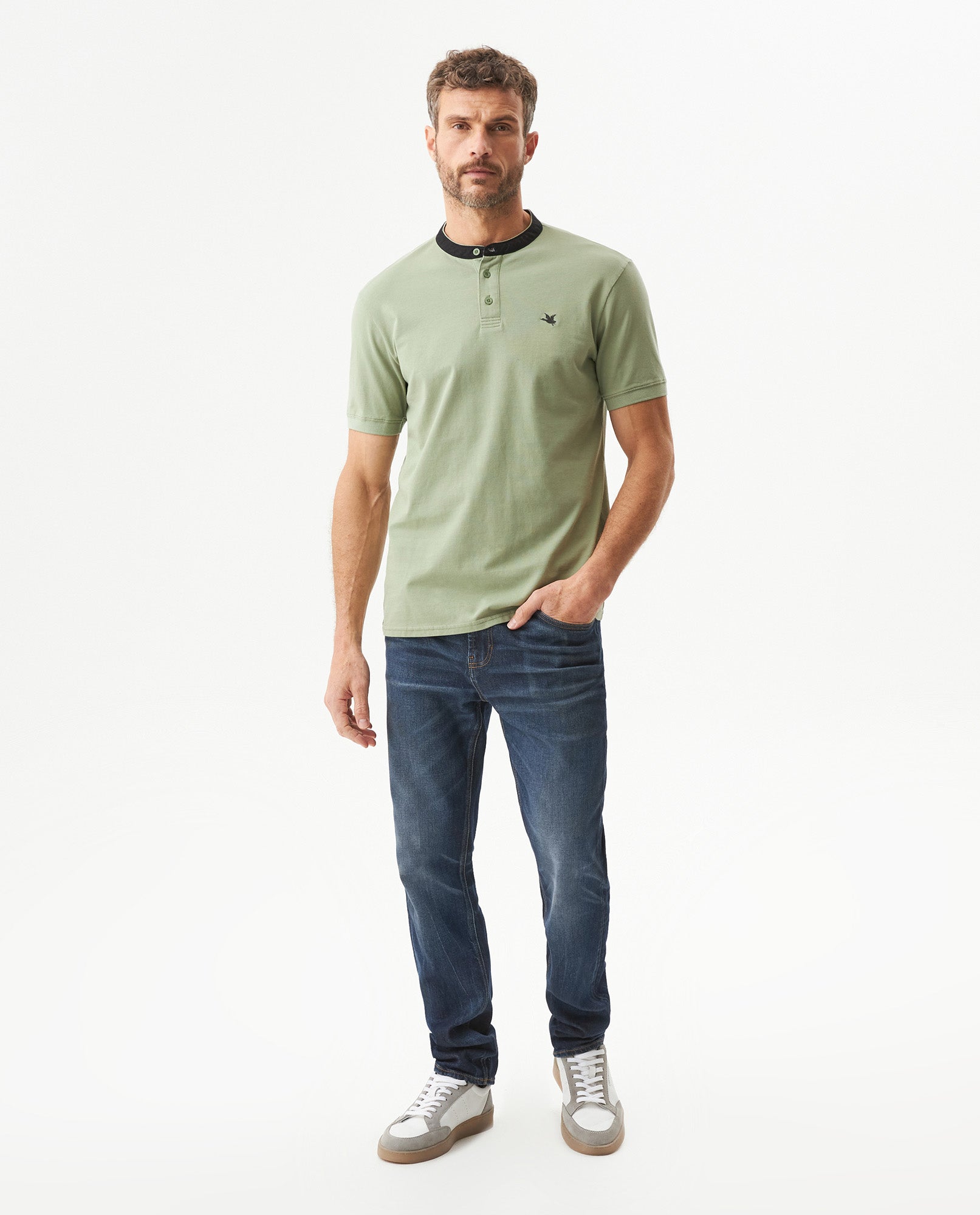 Men's Slim Fit Mandarin Collar Polo Shirt in Cotton Stretch Blend, Festive - 3