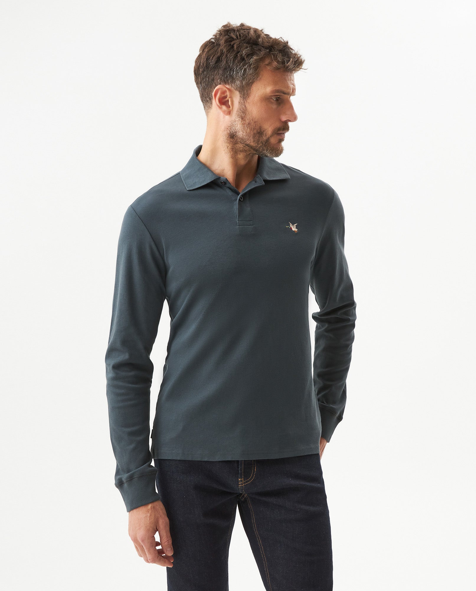 Men's Long Sleeve Slim Fit Polo Shirt in Cotton, Offshore 609G035 - 1