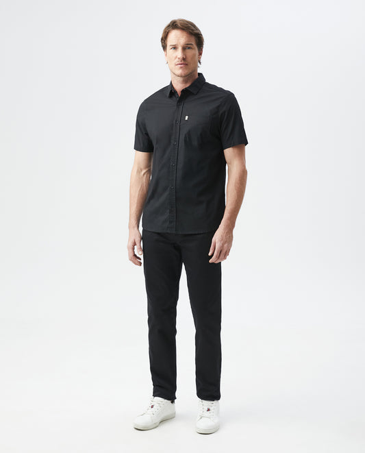 Men's Pre-dyed Yarn Short Sleeve Shirt Slim Fit in Cotton Stretch Blend 63_610B001_NEG194007_3