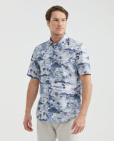 Men's Resort Shirt, Classic Fit Short Sleeve - Maxi Palm Print - Blue 611F007 - 1