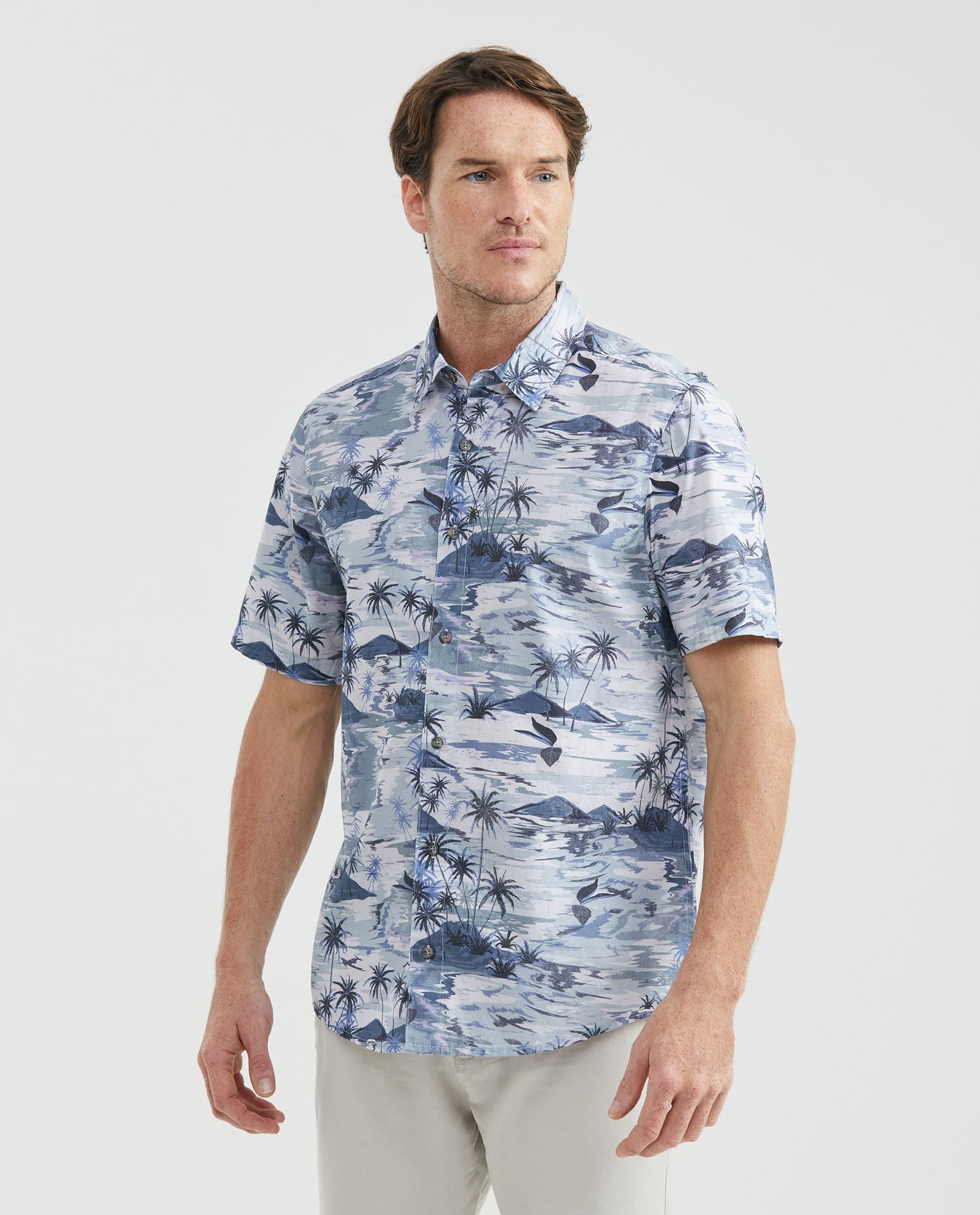 Men's Resort Shirt, Classic Fit Short Sleeve - Maxi Palm Print - Blue 611F007 - 1