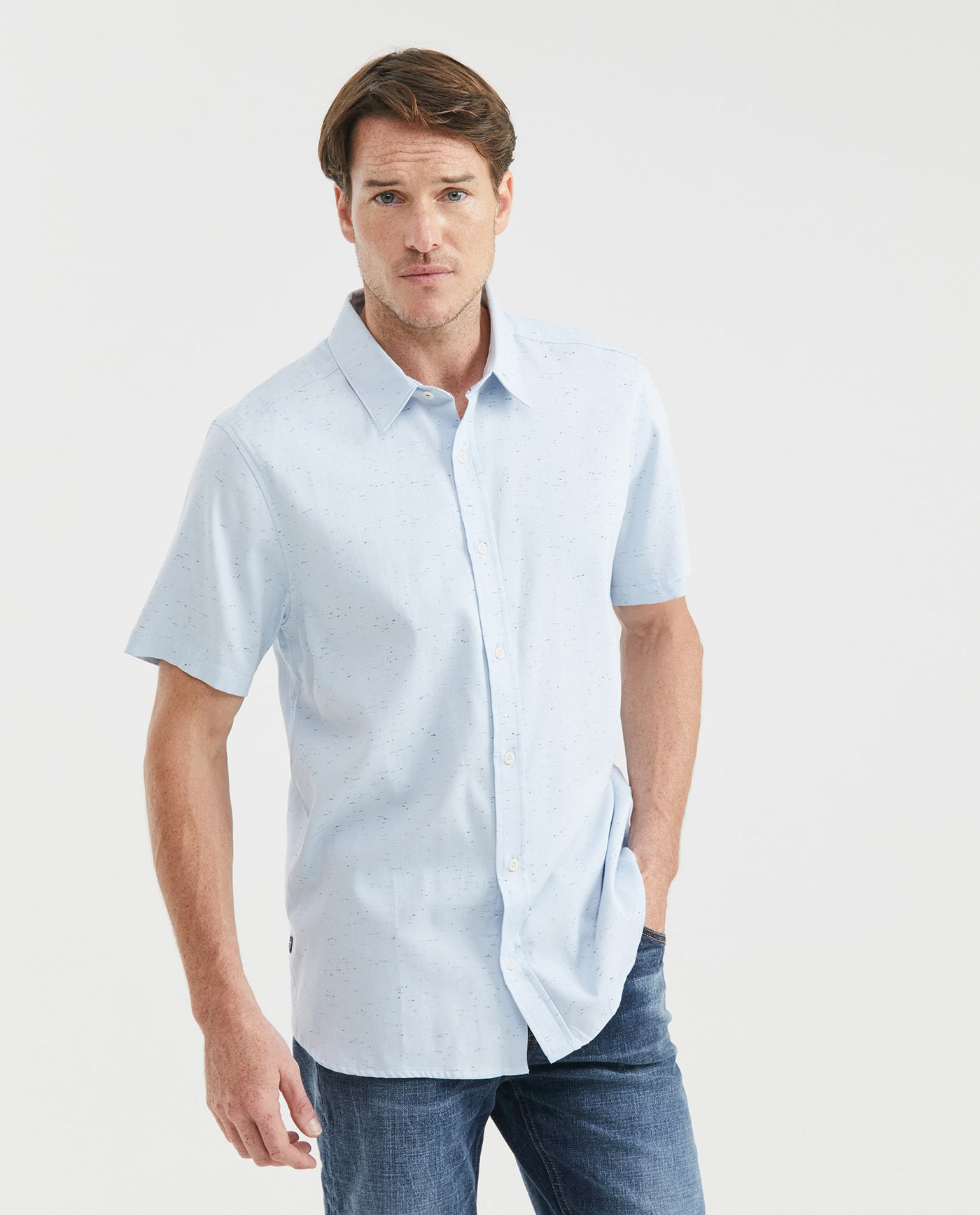 Men's Shirt, Slim Fit Short Sleeve - 100% Cotton Twill Neps Effect - Blue 611F008 - 1
