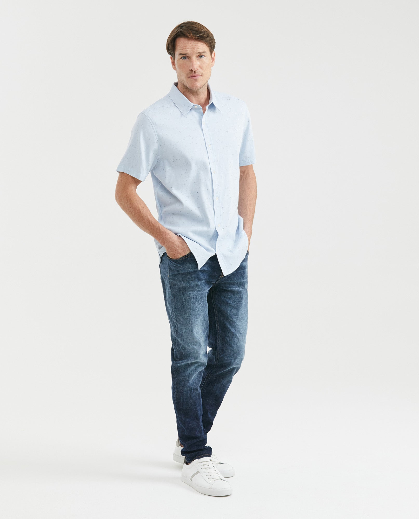 Men's Shirt, Slim Fit Short Sleeve - 100% Cotton Twill Neps Effect - Blue 611F008 - 2