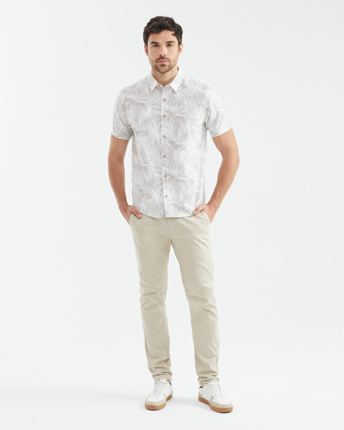 WHITE & GRAY GRAPHIC SHORT-SLEEVE COTTON SHIRT